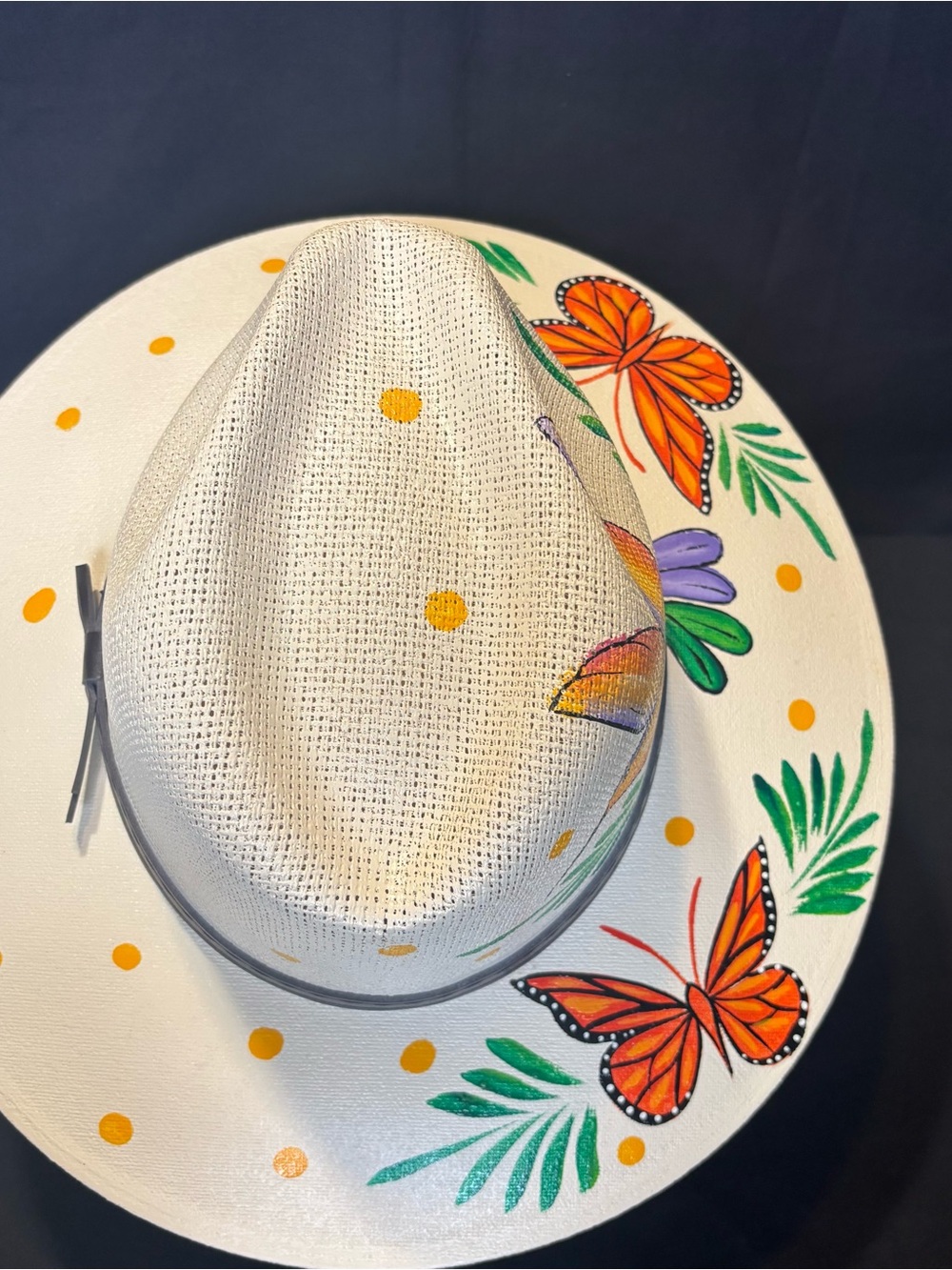Hand-Painted Ivory Wide-Brim Hat with Orange Butterfly & Multicolor Hummingbird - Picture 5 of 7